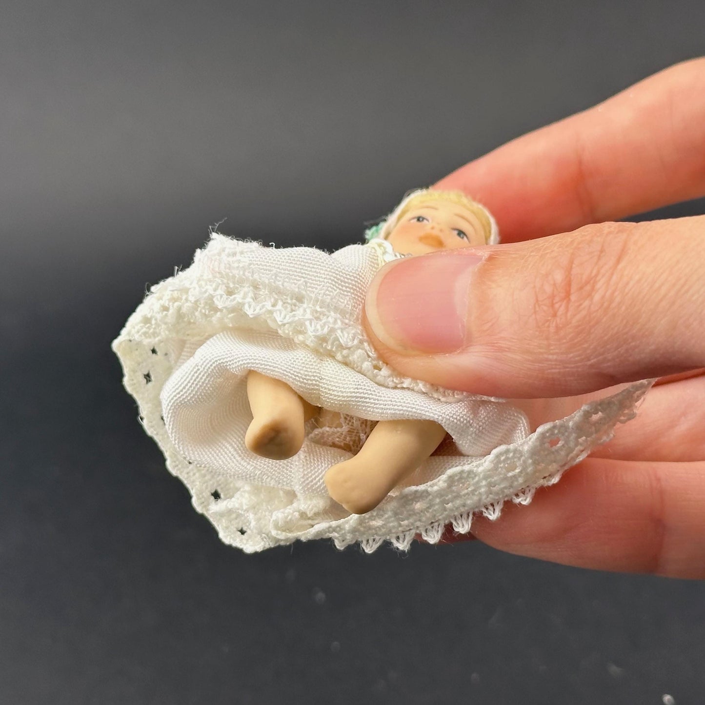 Miniature Baby Doll in white Christening Gown – 1:12 Scale Porcelain Baptism Baby Movable Limbs