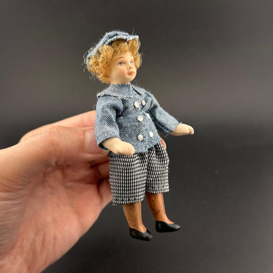 1:12 Scale Porcelain Boy Doll – Handmade Dollhouse Miniature Figurine in Denim Shirt