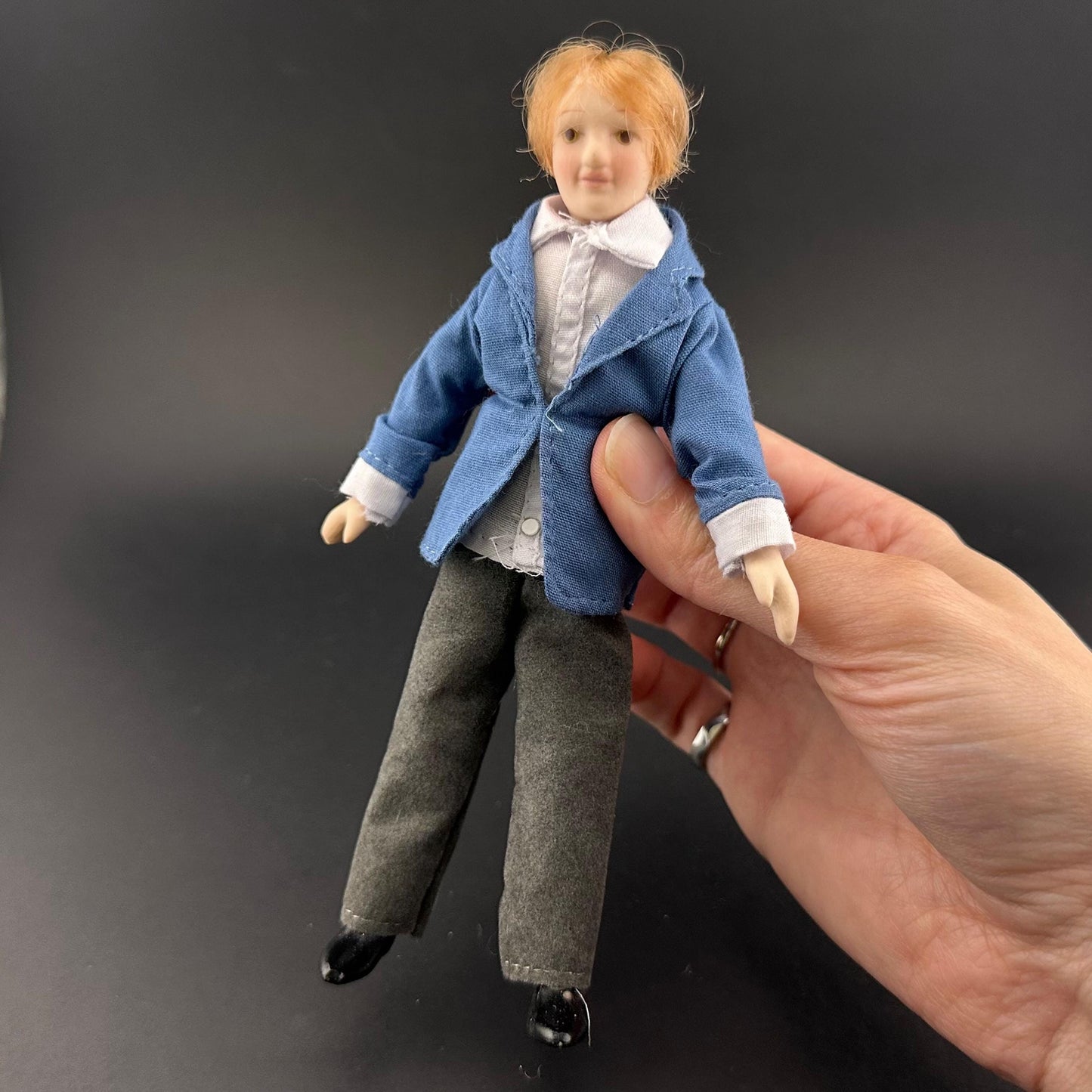 6-Inch  1:12 Scale Male Doll with Movable Limbs & Rotating Head – Non-Removable Clothes, Blue Shirt and gray Pants