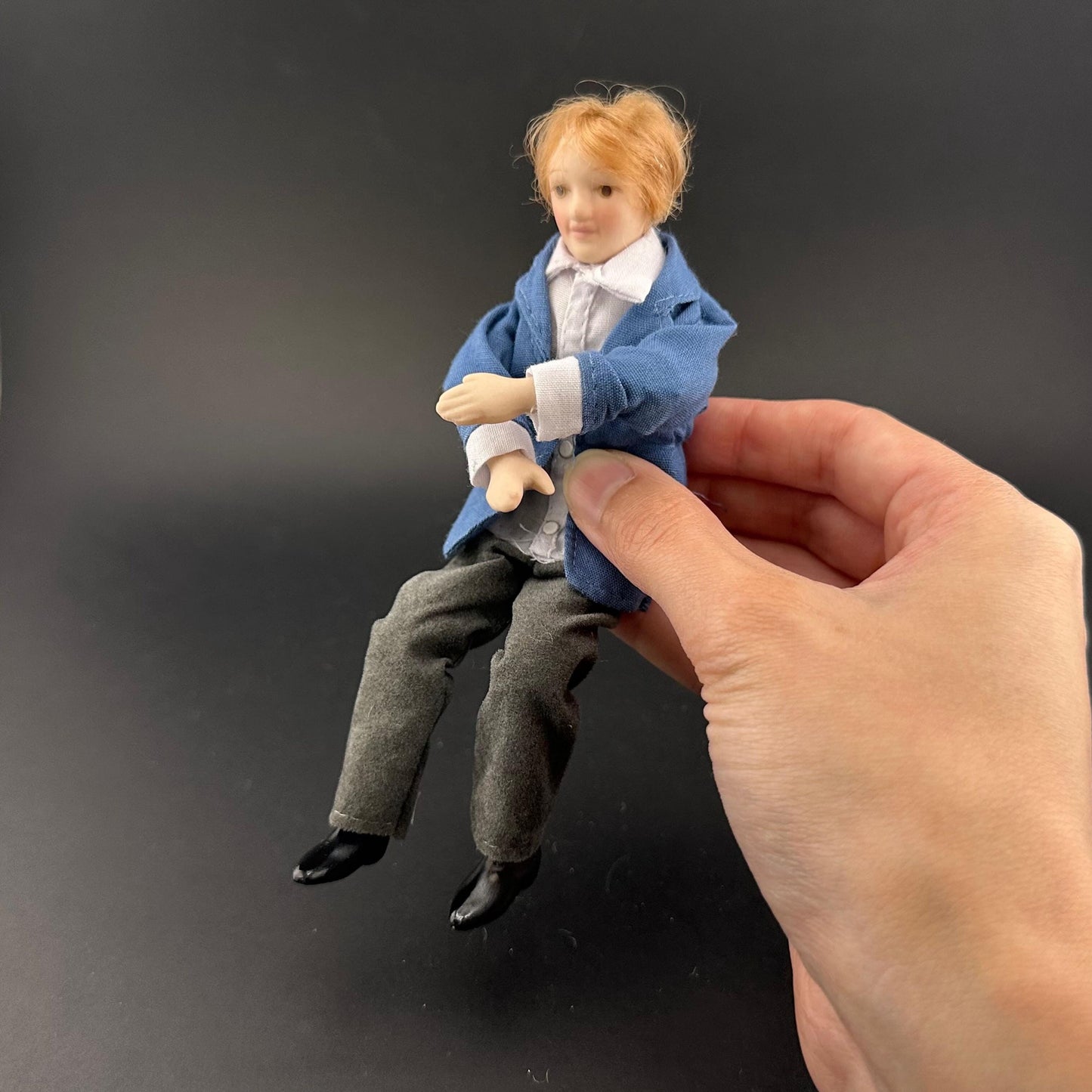 6-Inch  1:12 Scale Male Doll with Movable Limbs & Rotating Head – Non-Removable Clothes, Blue Shirt and gray Pants