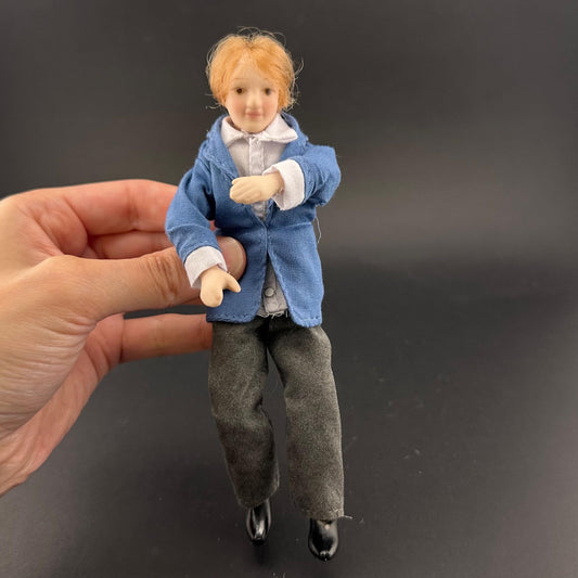 6-Inch  1:12 Scale Male Doll with Movable Limbs & Rotating Head – Non-Removable Clothes, Blue Shirt and gray Pants