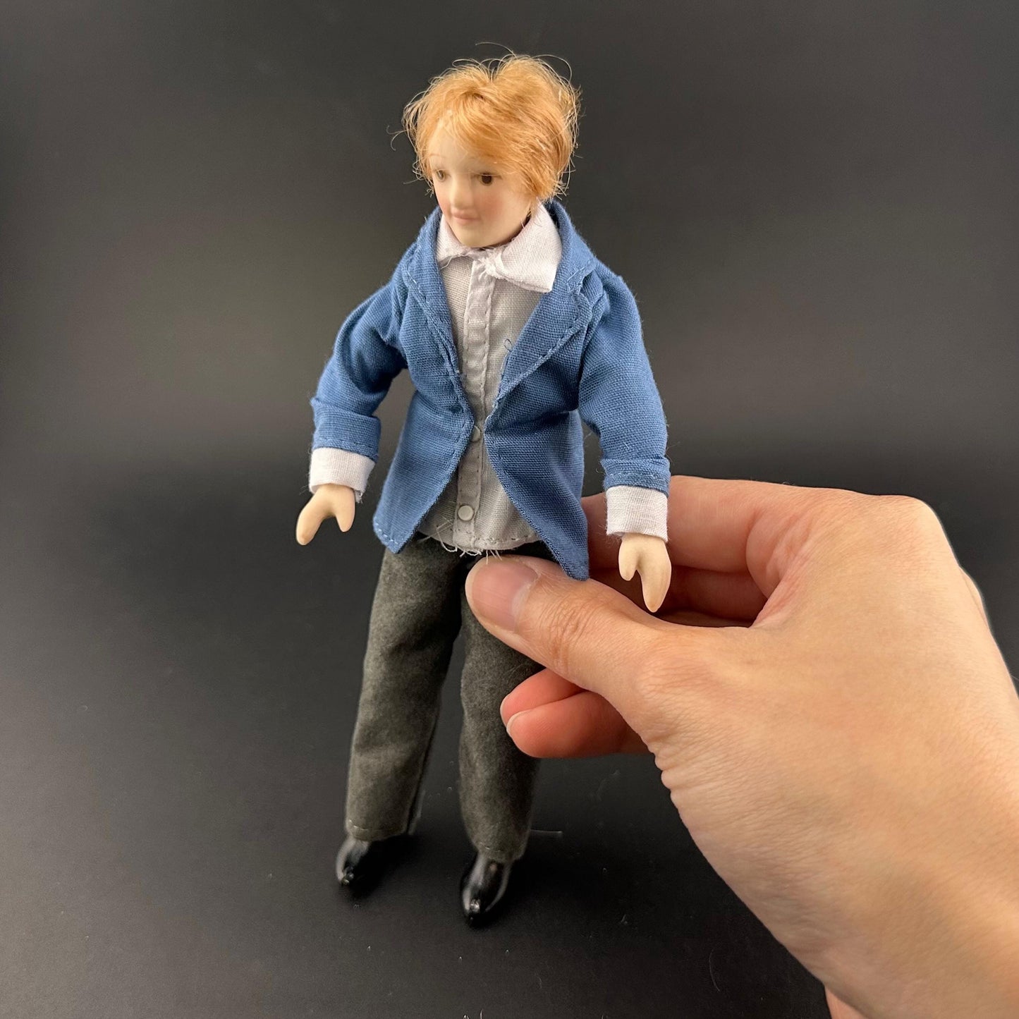 6-Inch  1:12 Scale Male Doll with Movable Limbs & Rotating Head – Non-Removable Clothes, Blue Shirt and gray Pants