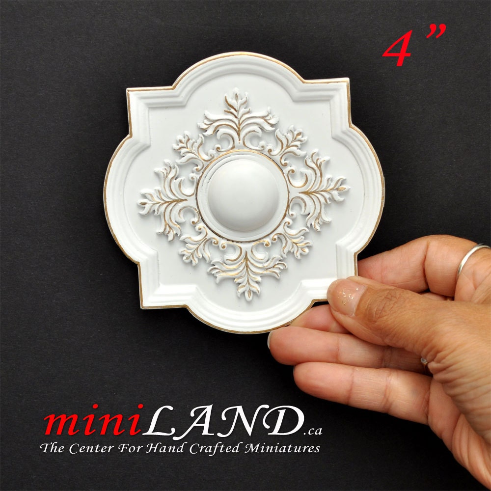 Small white 4" Decorated Royal ceiling panel dollhouse miniature 1:12 ceiling medallion wood decoration