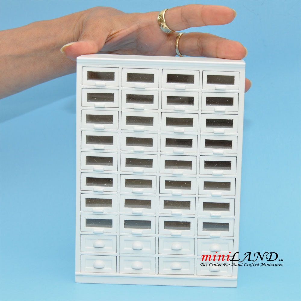 Store haberdasher counter 40 drawers unit Art Deco dollhouse miniature 1:12 scale White 1900-1950 V4033