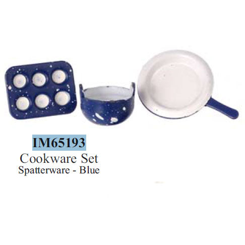 Blue metal cookware set for dollhouse miniature 1:12 scale