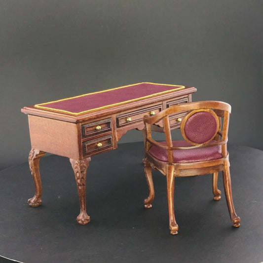 Victorian Captain’s Desk + chair set Quality walnut office Leather top 1:12 scale for Dollhouse miniature