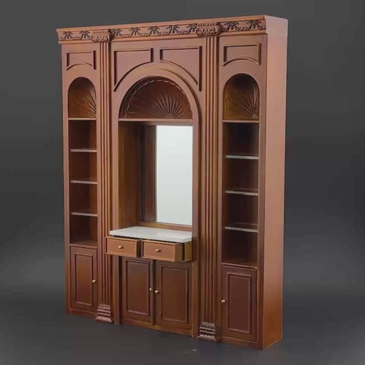 1:12 Miniature Manor Multi-Purpose Panel – Versatile Storage Unit with Shelves, Drawers & Mirror – Dollhouse Furniture