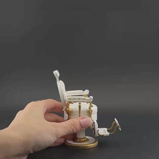 Miniature Elegant barber chair, 1:12 scale for dollhouses, with leather upholstery and round seats. Excellent quality WHITE