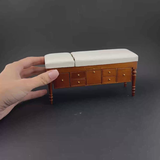Miniature 1:12 Walnut Doctor’s Exam Couch – Adjustable Headrest, Storage Drawers, White Leather – Dollhouse Medical Furniture