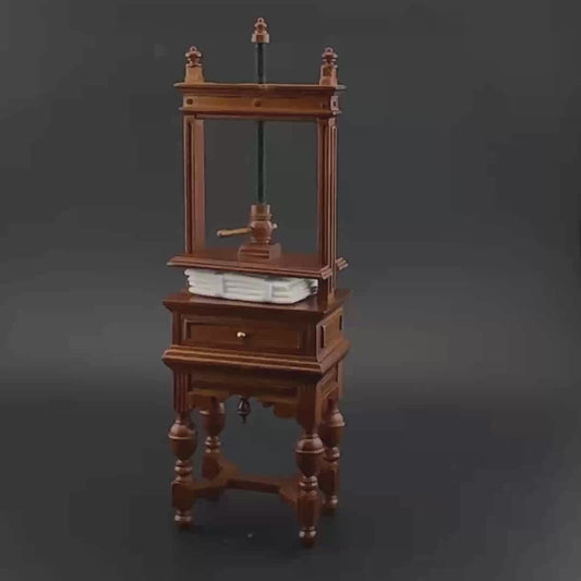 Miniatur-Buchbindepresse / Deckenpresse im Maßstab 1:12 Nussbaumholz mit Metallschraube Bücherpresse