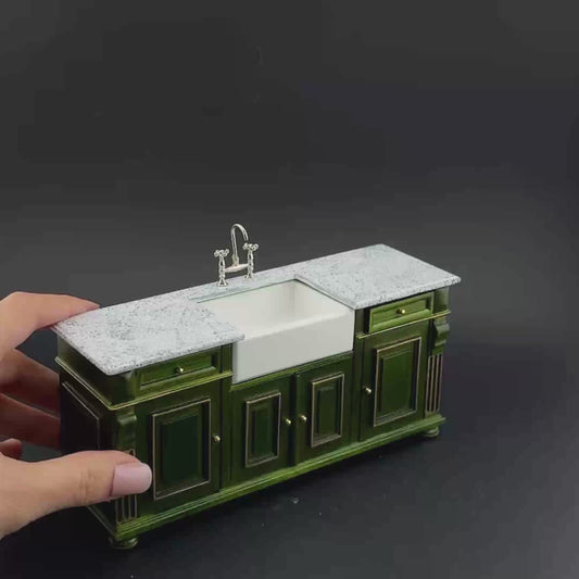 Vintage Green with gold trimming Victorian quality Kitchen sink unit counter with shelf metal sink top 1:12 dollhouse miniature