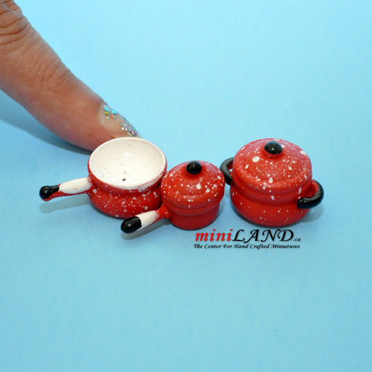 Red pots and pan trio dollhouse miniature 1:12 scale