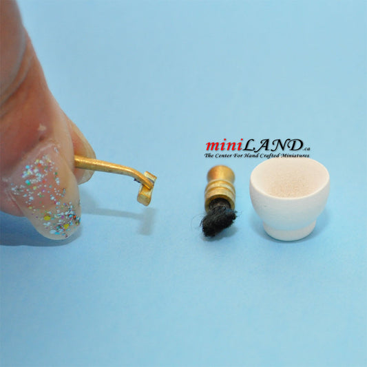 Shaving kit trio (razor, brush and white bowl) dollhouse miniature 1:12 scale