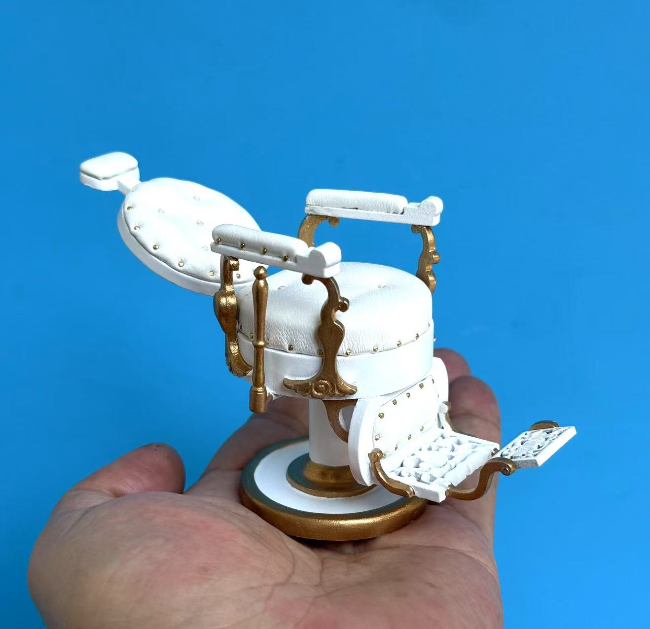 Miniature Elegant barber chair, 1:12 scale for dollhouses, with leather upholstery and round seats. Excellent quality WHITE