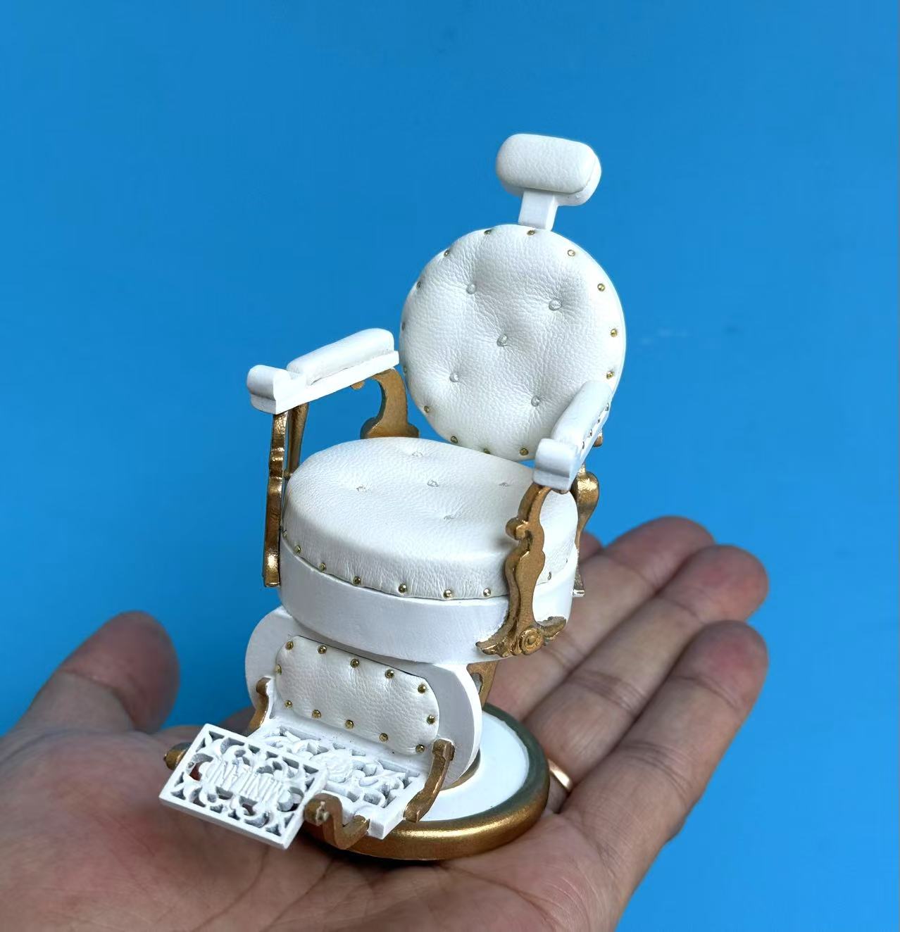 Miniature Elegant barber chair, 1:12 scale for dollhouses, with leather upholstery and round seats. Excellent quality WHITE