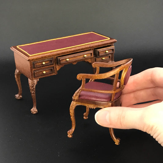Victorian Captain’s Desk + chair set Quality walnut office Leather top 1:12 scale for Dollhouse miniature